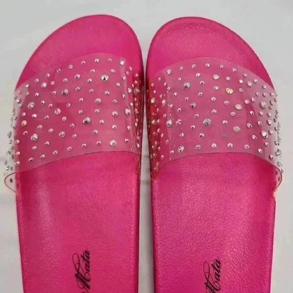 Mata Women's Rhinestones Clear Band Slide Sandals Hot Pink Size 7 - Picture 7 of 7